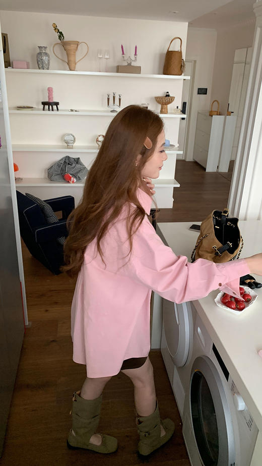 新款多季节冰岛欧尼玫瑰粉廓形棉衬衫 商品图11