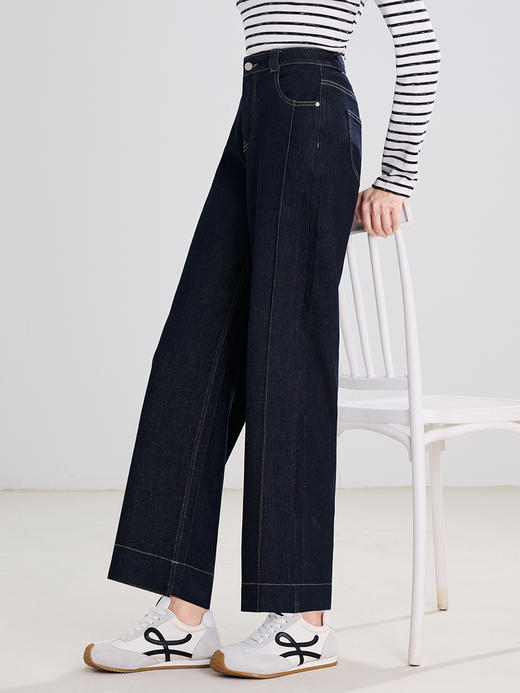 【百图lulu定制】【直尺牛仔裤】深蓝色高腰 条纹翻边 裤脚 九分 直筒牛仔裤 商品图3