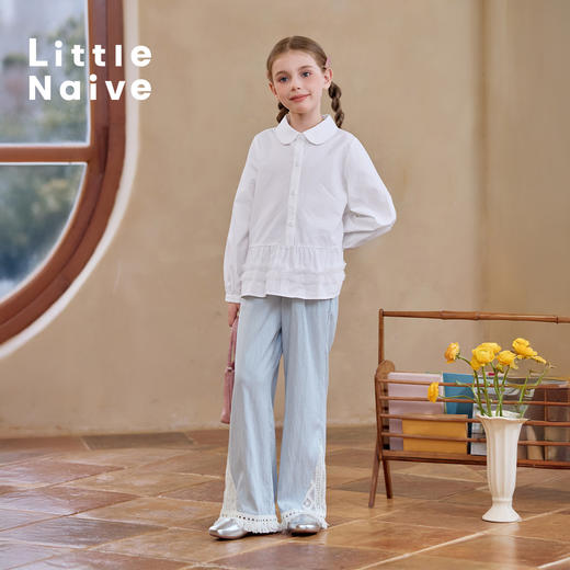 【云优选】Little Naive女童娃娃领衬衣春季新款荷叶边上衣儿童莱赛尔衬衫 商品图3