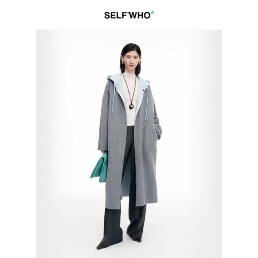 SELFWHO100%绵羊毛灰色双面穿外套女2026春季新款连帽抽绳大衣 商品图3
