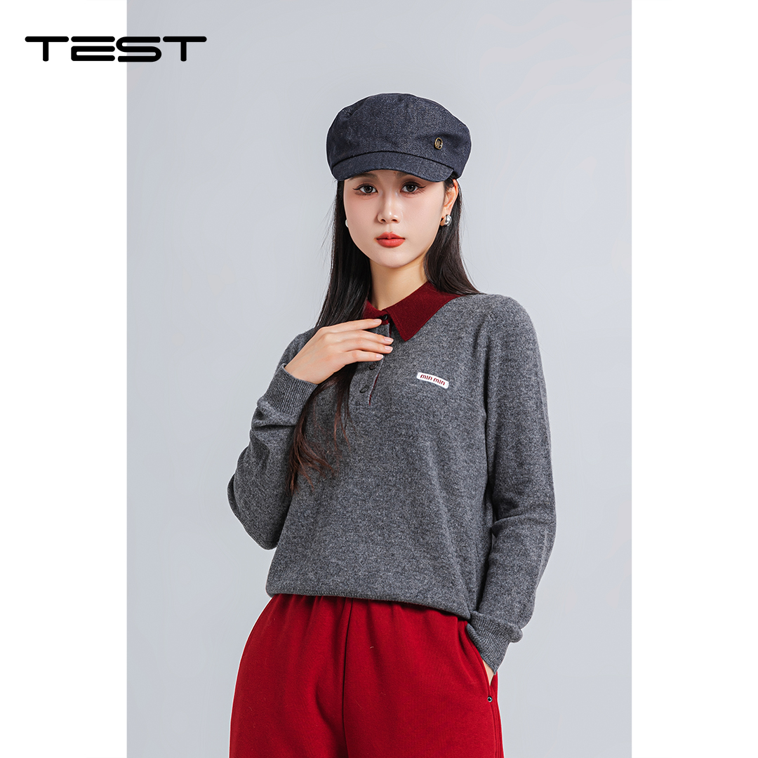 春上新高级感撞色翻领假两件灰色POLO领羊毛衣1261015