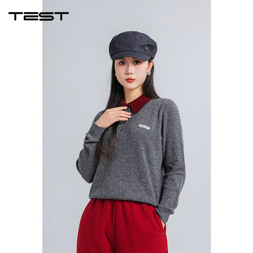 春上新高级感撞色翻领假两件灰色POLO领羊毛衣1261015 商品图0