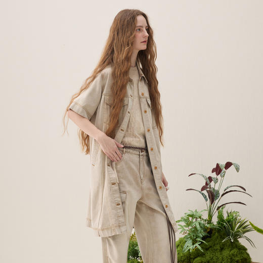 谜底牛仔连衣裙短袖2026春季新品做旧水洗H型拼接亲肤女261ML0044 商品图1