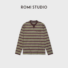 ROMI STUDIO“美式复古”棉质舒适条纹撞色V领长袖T恤 RWDSSD1751