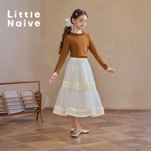 【云优选】Little Naive女童拼接半身裙春季新款花边半裙儿童百搭时髦纱裙 商品图4