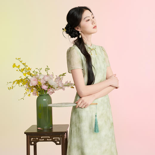 三彩【柳色含烟】2026春季新款新中式连衣裙假两件拼接长裙C 商品图1