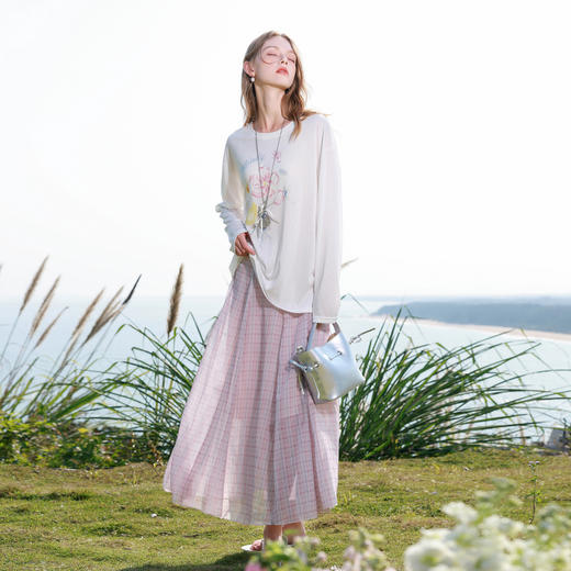 【莱赛尔】三彩2026春季新款樱花T恤圆领宽松落肩袖罩衫休闲M 商品图1