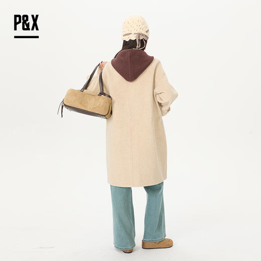 P&X设计师女装通勤宽松大衣连帽针织中长款外套 826113194 卡其 商品图4