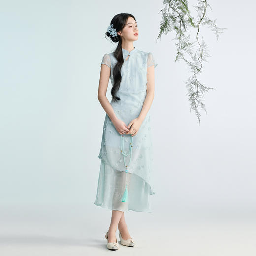 三彩2026春季新款新中式连衣裙假两件拼接立体花朵长裙M 商品图3