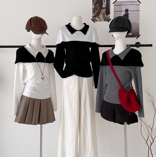 【清仓！不退不换！】韩系撞色Polo领假两件针织衫 显瘦时尚打底 商品图3