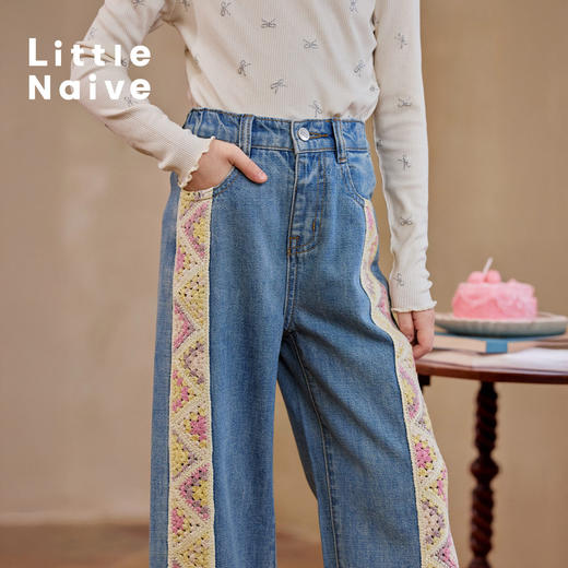 【云优选】Little Naive儿童民族风牛仔裤春季新款花边休闲裤女童廓形裤子 商品图3