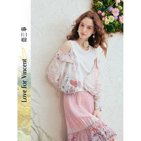 两三事梵高文艺玫瑰引力2026春新款甜美印花拼接露肩假两件衬衫女