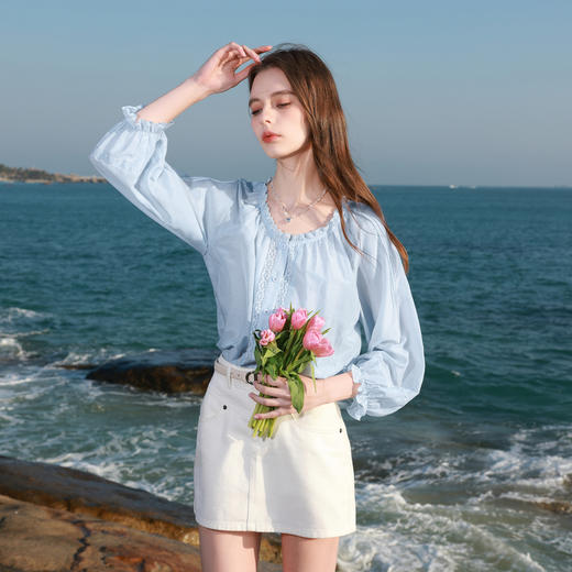 【桑蚕丝】三彩2026春季新款圆领花边衬衫小衫复古衬衣宽松上衣M 商品图2