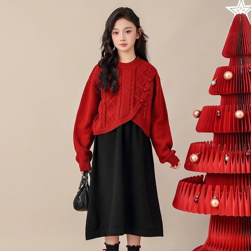 女童针织套装秋冬新款洋气时髦冬装儿童冬季红色国风圣诞新年童装