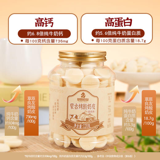 【2份减10元】蒙古烤酸奶皮  酸奶添加量≥66% 每100克含736毫克钙 钙含量是牛奶的6.8倍 浓郁奶香 高钙高蛋白零食 120克/桶 商品图2