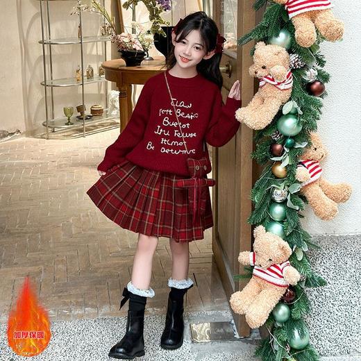 女童毛衣套装秋冬款洋气红色新年装拜年服连衣裙儿童百褶裙两件套 商品图3