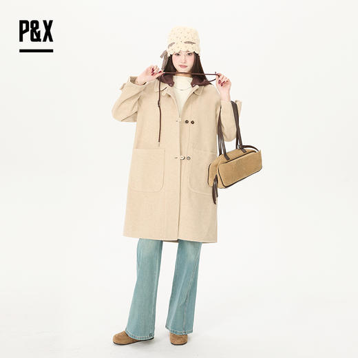 P&X设计师女装通勤宽松大衣连帽针织中长款外套 826113194 卡其 商品图1