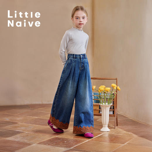 【云优选】Little Naive儿童阔腿牛仔裤早春新款宽松休闲裤女童百搭花边裤子 商品图4