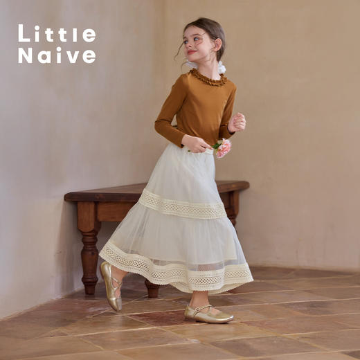 【云优选】Little Naive女童拼接半身裙春季新款花边半裙儿童百搭时髦纱裙 商品图0