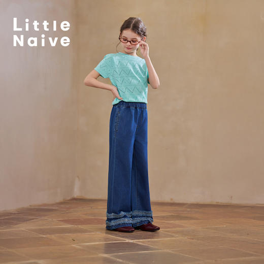 【云优选】Little Naive儿童拼接木耳边牛仔裤春季新款休闲裤女童宽松直筒裤 商品图4