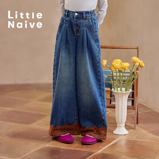 【云优选】Little Naive儿童阔腿牛仔裤早春新款宽松休闲裤女童百搭花边裤子 商品图0