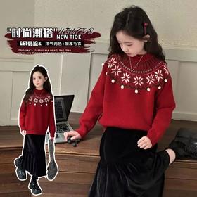 女童毛衣秋冬新款儿童圆领红色打底衫中大童百搭保暖套头针织衫潮