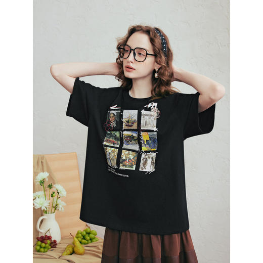 两三事梵高文艺星夜巡游2026春季新款休闲绣花印花纯棉短袖t恤女 商品图1