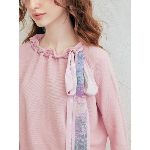 两三事梵高文艺闲织春光2026春季新款抽绳褶皱领印花飘带针织衫女 商品图2