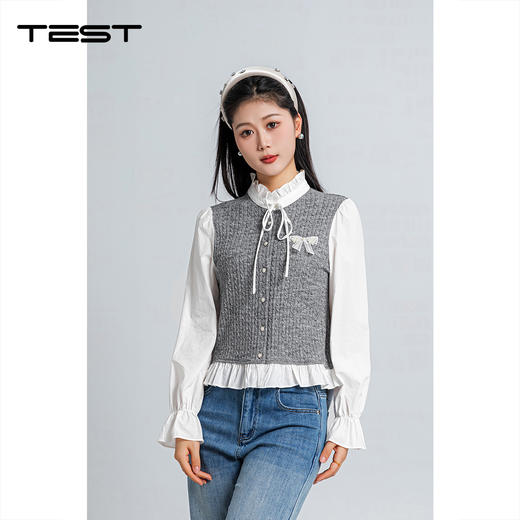 春上新针织马甲拼接荷叶边衬衫领假两件小衫1261036 商品图0