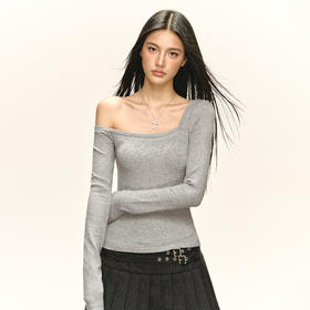 Ariseism 美式复古设计感斜肩长袖T恤女春季新款修身外穿打底上衣