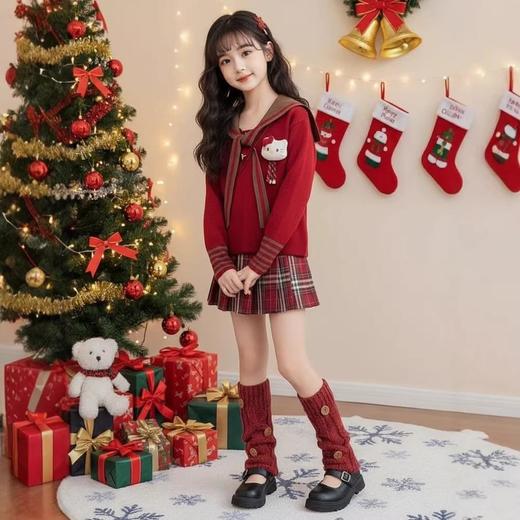 女童红色毛衣新款女大童海军领披肩上衣儿童洋气学院风新年服 商品图1