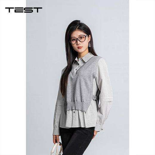 春上新层次氛围感假两件针织马甲拼接条纹宽松衬衣1261031 商品图0