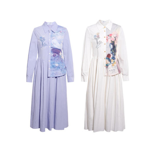 两三事 风絮花楹 2026春季新款文艺风刺绣印花不对称a字连衣裙 商品图4