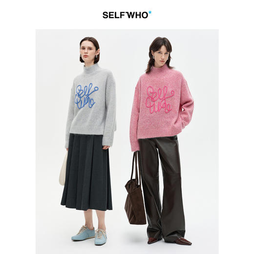 SELFWHO绵羊毛混纺立体绳绣高领毛衣女2026春新款宽松保暖针织衫 商品图1