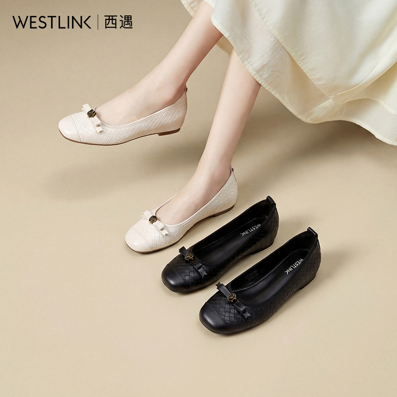 【限时秒杀】西遇内增高单鞋女鞋2026新款春季浅口山茶花点缀蝴蝶结编织小皮鞋V0166280