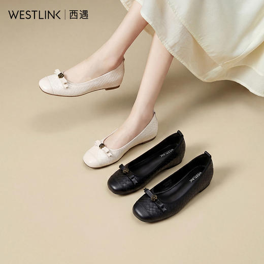 【限时秒杀】西遇内增高单鞋女鞋2026新款春季浅口山茶花点缀蝴蝶结编织小皮鞋V0166280 商品图0