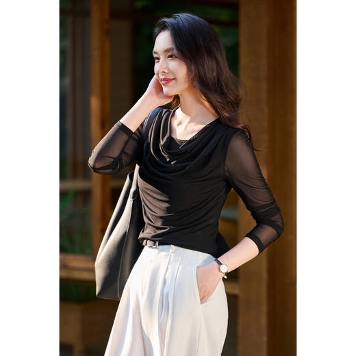 【预售7天】优雅絮语网纱T恤 设计感荡领 米思阳2026春季新款修身显瘦上衣女微透小性感T恤3991 商品图6