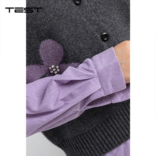 春上新紫灰撞色花朵刺绣针织马甲+长袖衬衫叠穿两件套1261021 商品图3