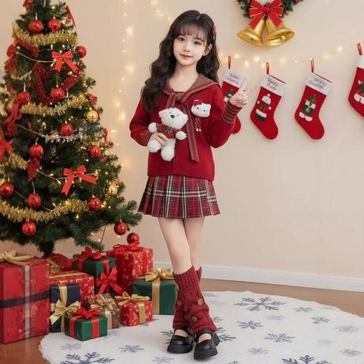 女童红色毛衣新款女大童海军领披肩上衣儿童洋气学院风新年服 商品图2