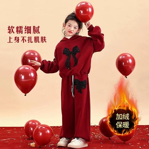 中大儿童新年风红色加绒连帽两件套女童秋冬季新款时髦拜年服套装 商品图4