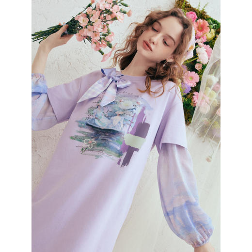 两三事春信画意2026春季新款蝴蝶结圆领拼接袖蕾丝裙摆印花连衣裙 商品图2