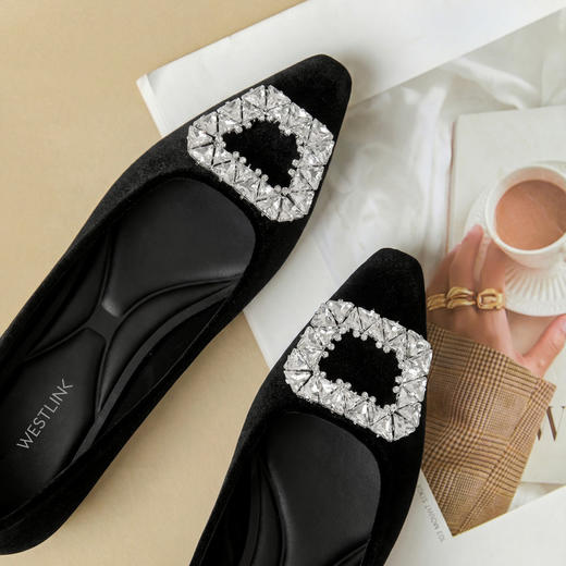 西遇浅口单鞋女2026新款春季尖头水钻方扣通勤一脚蹬女鞋低跟鞋子V0166247 商品图5