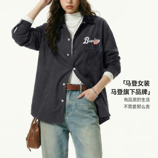 马登黑色复古桃皮绒古巴领衬衫印花外套长袖上衬衣内搭叠穿女士春 商品图4