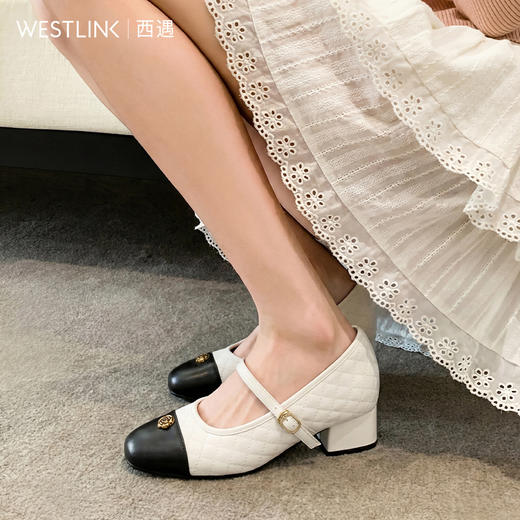 【限时秒杀】西遇浅口玛丽珍鞋女鞋2026新款春季法式小香风一字带菱格粗跟单鞋V0166284 商品图2