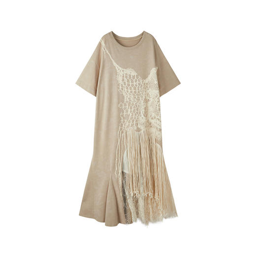 谜底连衣裙短袖2026年春季新品复古蕾丝流苏拼接度假女261ML0026 商品图4