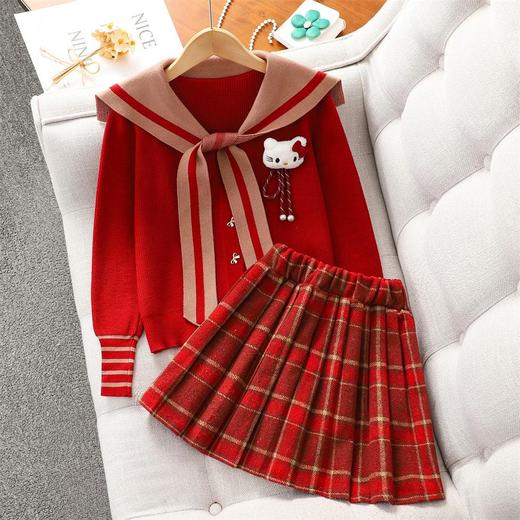 女童红色过年套装女孩秋冬学院风毛衣裙子儿童JK百褶裙拜年服冬装 商品图4