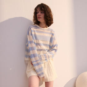 谜底短款套头针织衫长袖2026年春季新品条纹拼接蕾丝女261MZ0313