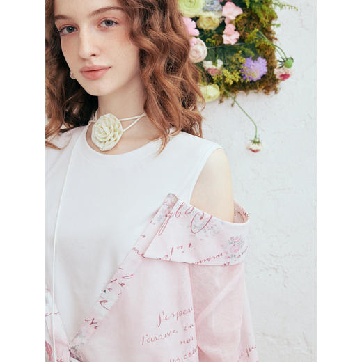 两三事梵高文艺玫瑰引力2026春新款甜美印花拼接露肩假两件衬衫女 商品图2