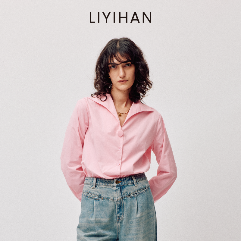 LIYIHAN云语 2026春季款纯棉粉色衬衫V领长袖外套上衣设计感小众