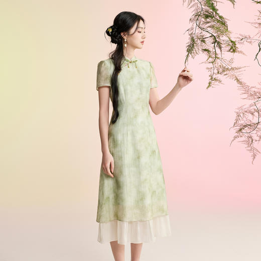 三彩【柳色含烟】2026春季新款新中式连衣裙假两件拼接长裙C 商品图3